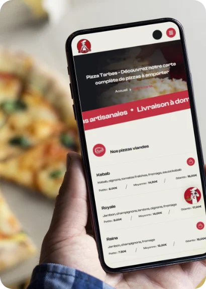 Smartphone affichant le menu d'une pizzeria