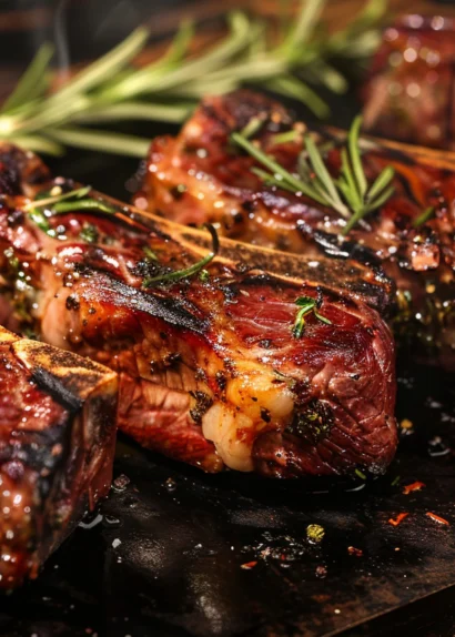 Viande grillée avec des herbes sur une planche