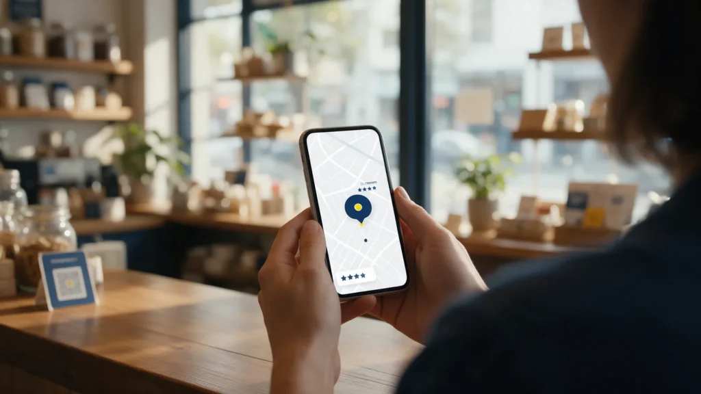 Commerçant au comptoir consultant sa fiche Google et ses avis sur smartphone, QR code d'avis posé à côté