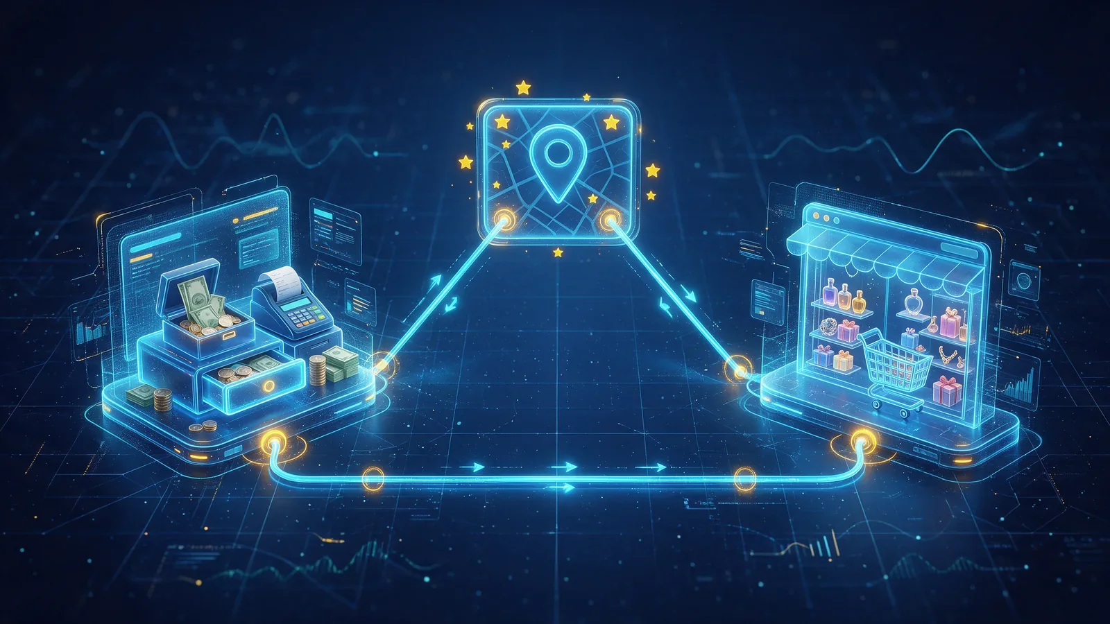 Plan de connexion entre caisse, site et fiche Google préparé par H-TIC